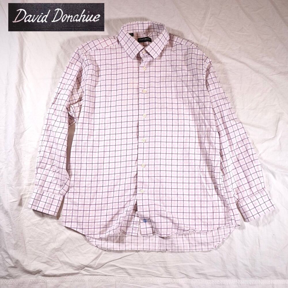 David Donahue Vintage Button Up Plaid Dress Shirt Pink Purple Mens Size 17 Davi